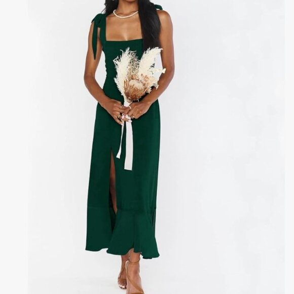 Formal Dress EUC Size M Square Neck Tie Straps Ruffle Split Midi in Dark Green - Picture 1 of 8